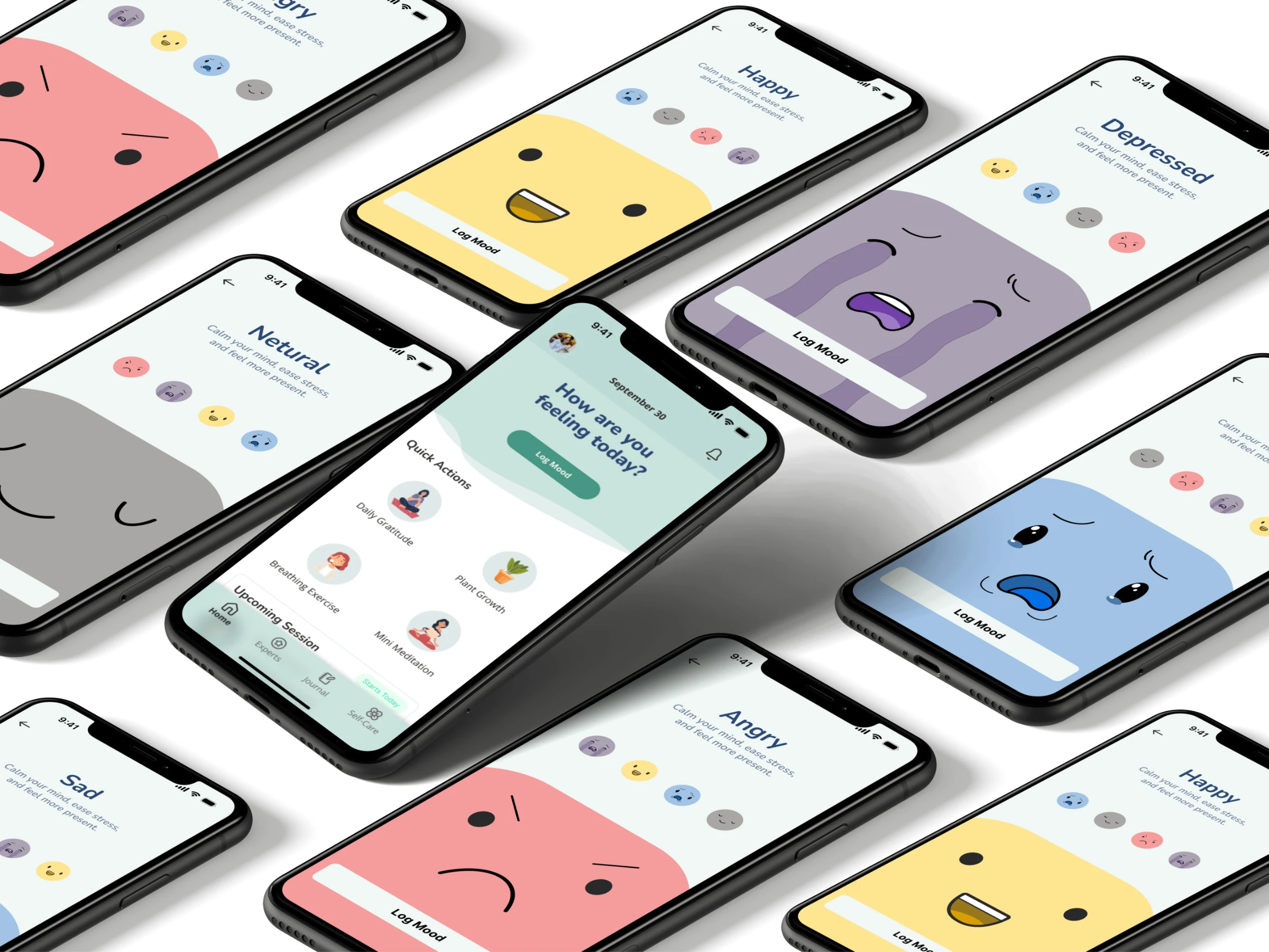 Collage of Bloom app screens showing mood-log states